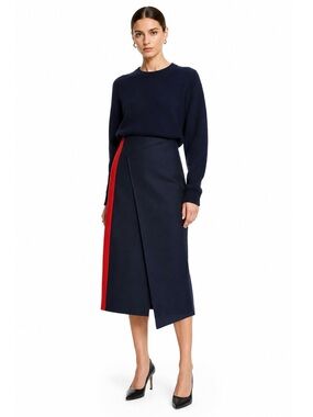 JOSEPH Wool Cashmere Wrap Midi Skirt Navy Red Stripe Asymmetric Designer Luxury